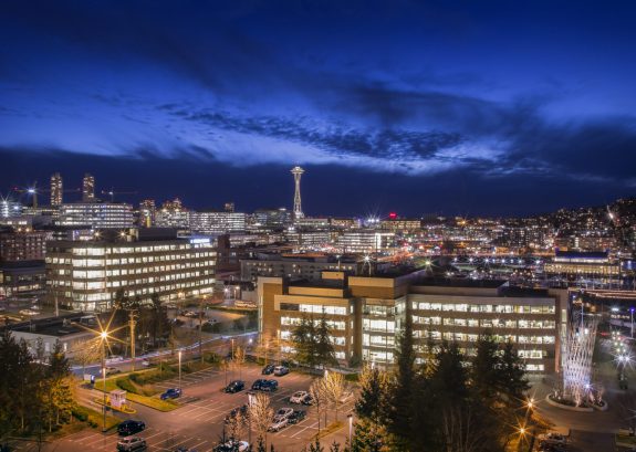 campus night The Yale Building, left, and the Arnold Building, right, are featured in this night view of The Fred Hutchinson Cancer Research Center in the South Lake Union neighborhood of Seattle, Washington on Feb. 2, 2017.